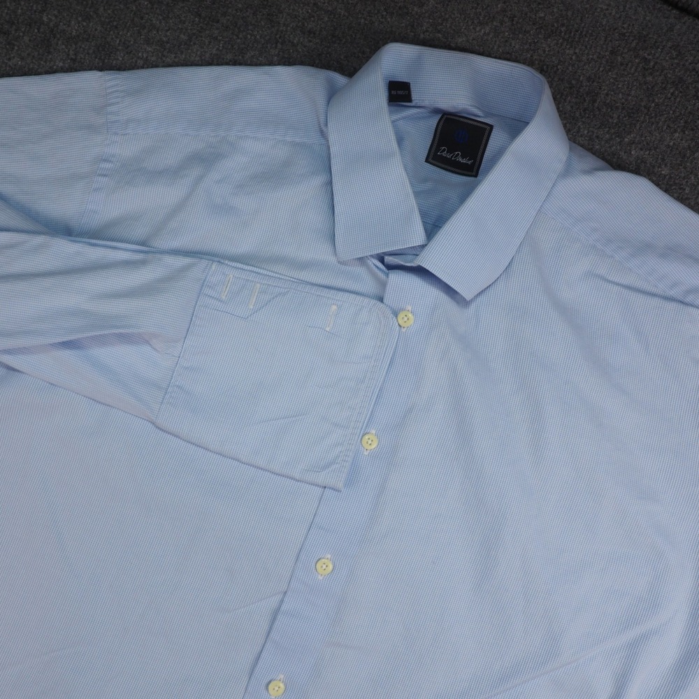 David Donahue Dress Shirt Mens 18 34/35 Blue Micro Check French Cuff Business